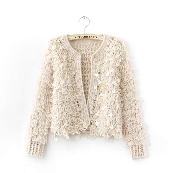 手工亮片宽松毛衣棒针短女开衫外套_常州服装