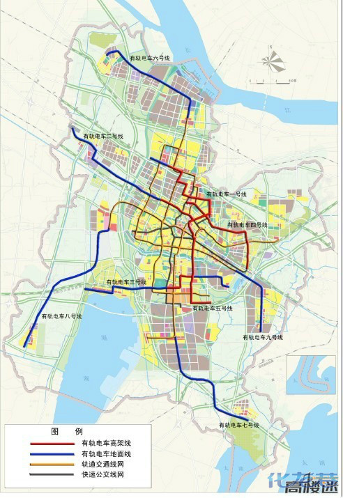 常州市有轨线网规划度175km,其中高架线63km,地面线112km.