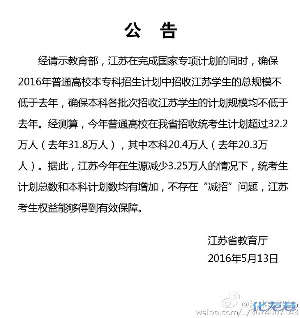 5月14日最新消息:江苏省教育厅关于江苏2016